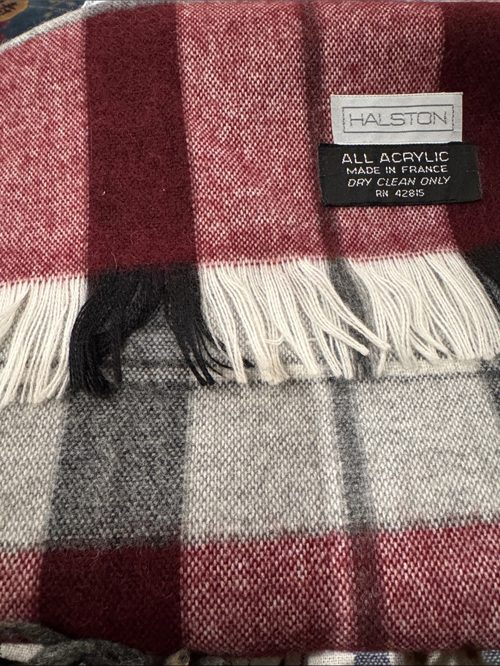 Vintage Halston Men’s Burgundy and Gray Plaid Acrylic Fringed Scarf